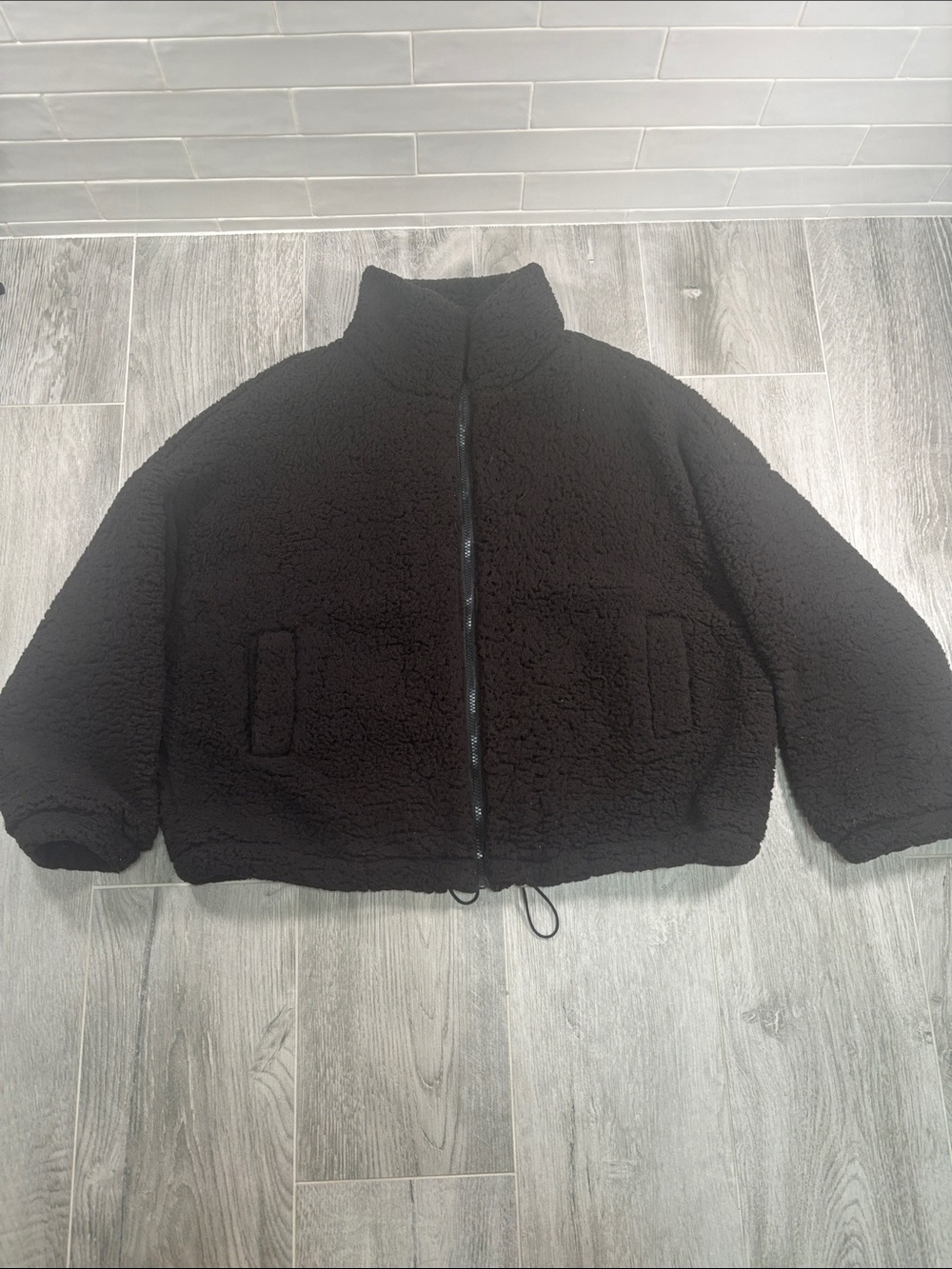 SNDYS Black Sherpa Teddy Fleece Zip Up Jacket High Neck Drawstring Hem US 6